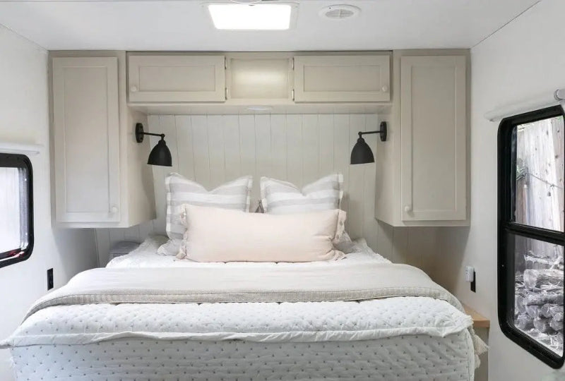 Save on Beddys. Zip-on fitted bedding designed for RV beds. Makes making the bed fast, even in a tight space.