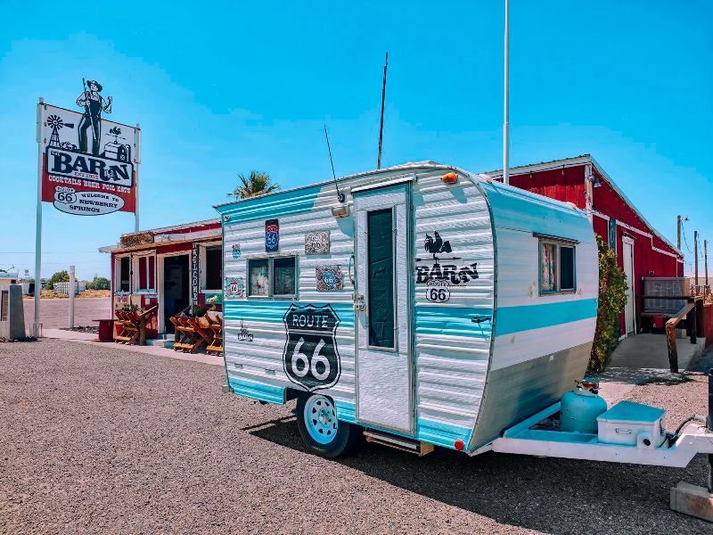 Route 66 stop from RV Overnights in California at The Barn cocktails beer pool and eats.