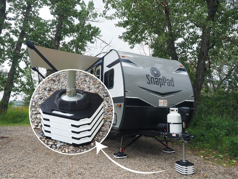 Save on RV Snap Pad. Snap-on leveling pads that attach directly to your stabilizer jacks. No more hunting for blocks.