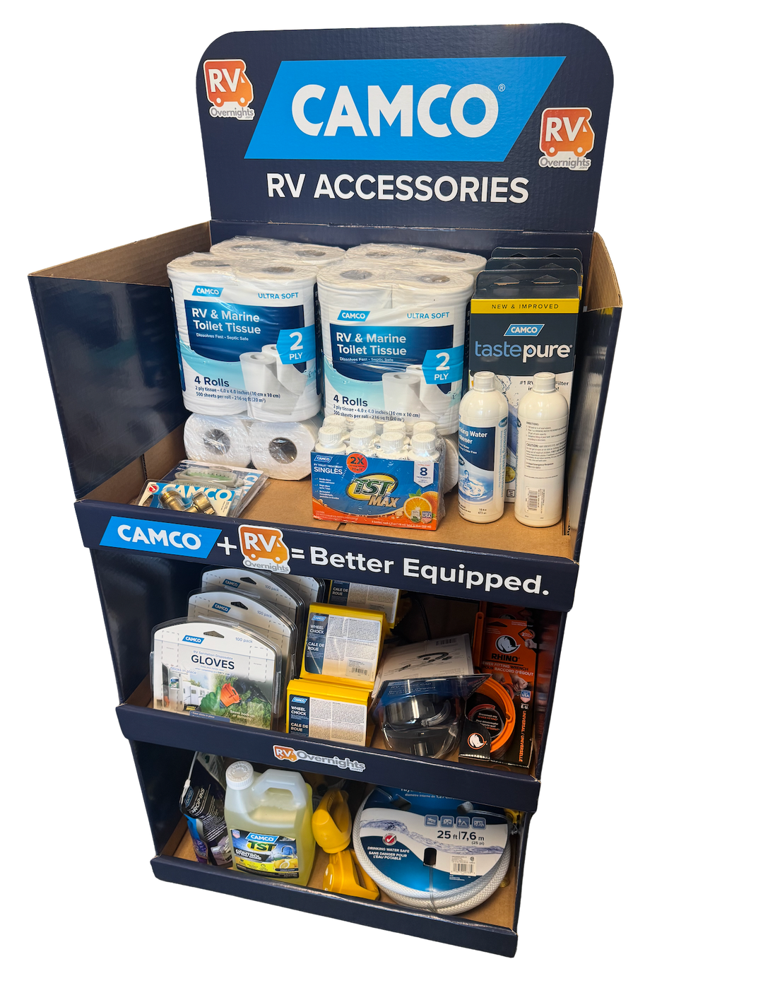 Camco RV accessories display with various products on a white background