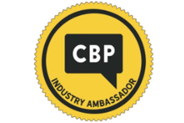 Yellow badge with 'CBP Industry Ambassador' text on a white background