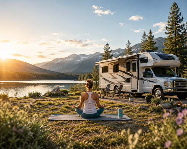 A woman meditates on a yoga mat beside an RV parked next to a lake with mountains in the background at sunset.