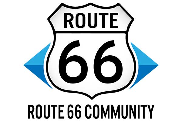 Route 66 logo with blue arrows on a white background