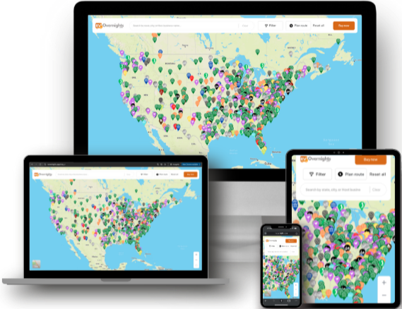 RV Overnights App Views on Desktop, Mobile and Tablet devices